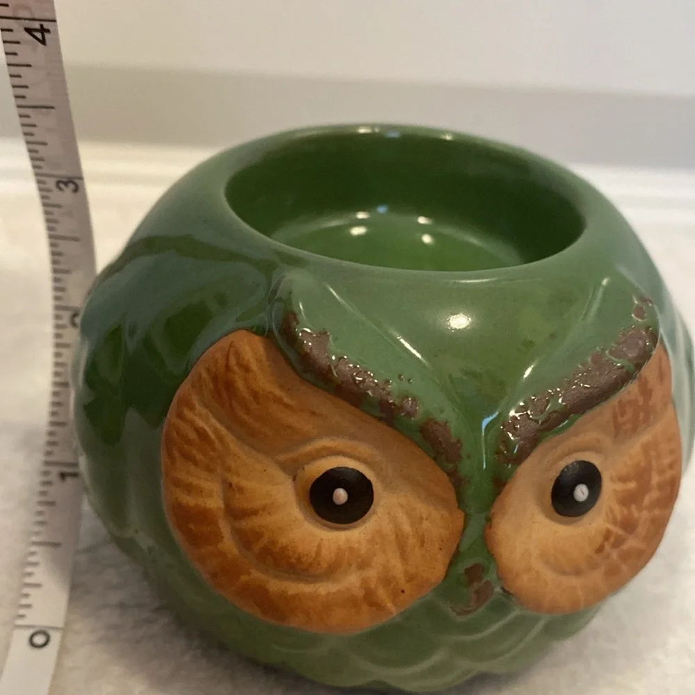 🆕GIFT CRAFT: Green Ceramic Owl Tea Light Holder
